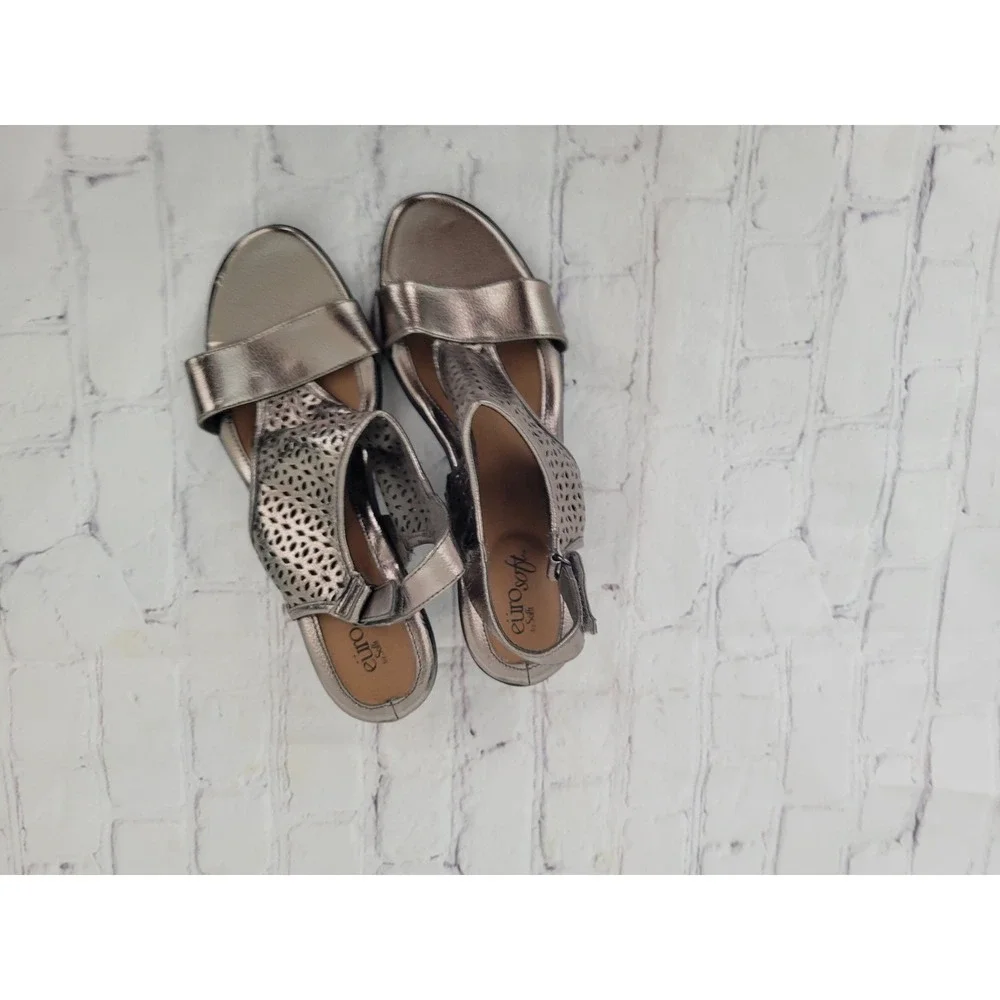 Eurosoft by Sofft Vania Pewter Metallic Laser Cut Wedge Sandals Womens 9.5 M